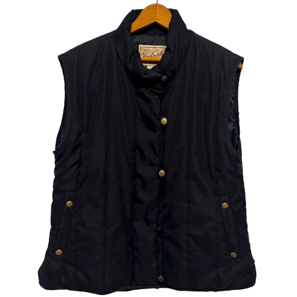 Woolrich Womens Black Quilted Puffer Vest Zip/Button Front Collar‎ Pockets